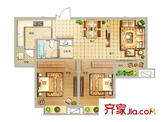 商城凤凰印象一期2#楼A户型 2室2厅1卫1厨