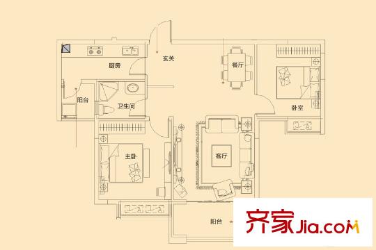 江中御墅2B-05户型 2室2厅1卫1厨