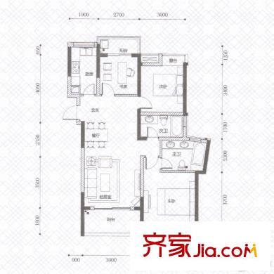九洲上郡T1#/T2#端户A2户型 3室2厅2卫1厨
