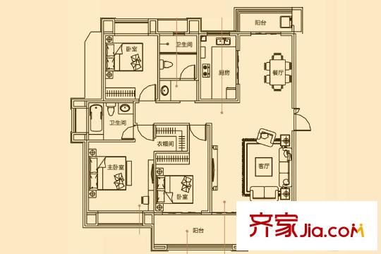 江中御墅洋房1-5F户型 3室2厅2卫1厨