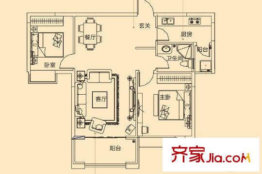 江中御墅A-05户型 2室2厅1卫1厨