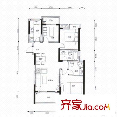 九洲上郡T2#、T4#端户A1户型 3室2厅2卫1厨