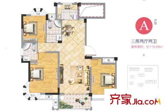 华达金沙逸城A户型 3室2厅2卫1厨