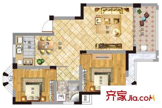 华达金沙逸城KL户型 2室2厅1卫1厨