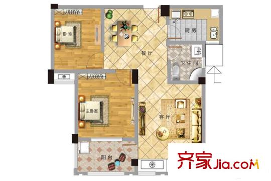 华达金沙逸城D户型 2室2厅1卫1厨