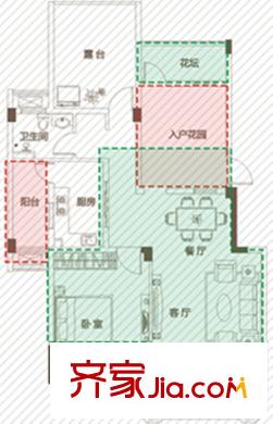 奥克斯盛世华庭一期16#9F洋房B5户型 1室2厅1卫1厨