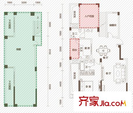 奥克斯盛世华庭一期16#9F洋房B1户型 1室2厅2卫1厨