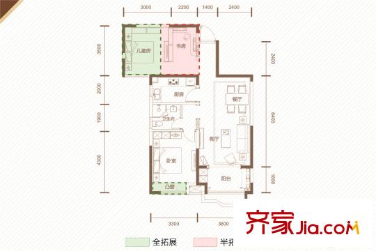 奥克斯盛世华庭一期10#高层D户型 1室2厅1卫1厨