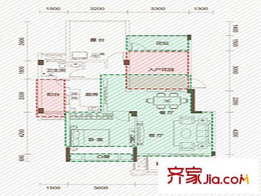 奥克斯盛世华庭一期9F洋房B5户型 1室2厅1卫