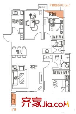 联发君悦华庭1#、5#、6#端户B1户型图 3室2厅2卫1厨