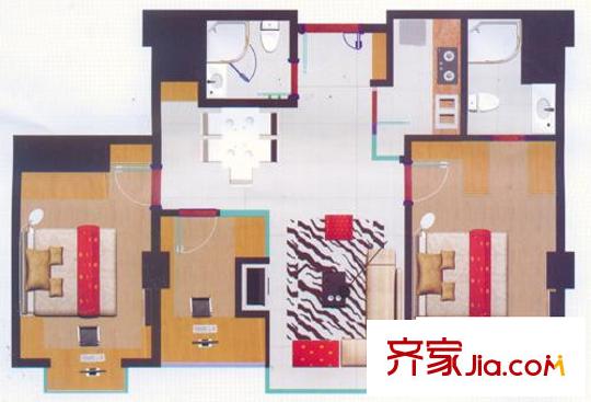 胜利名座(嘉德福公寓)户型图公寓D户型 3室2厅2卫1厨