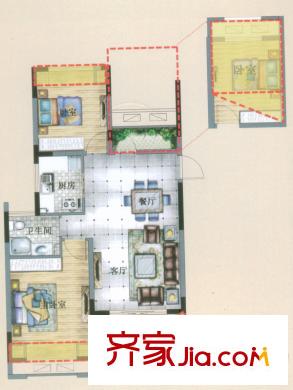 君悦府M2户型 2室2厅1卫1厨