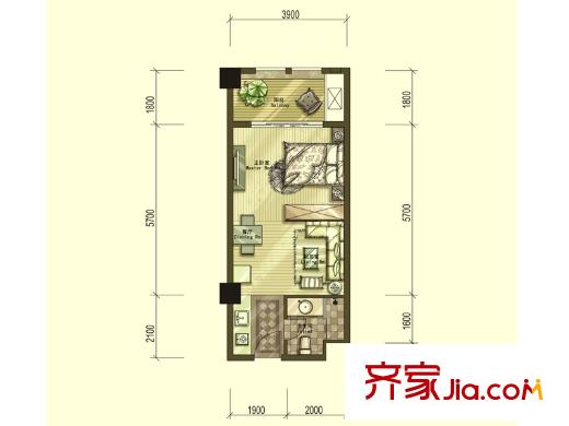 青山湖天湾户型图高层1#C户型 1室1厅1卫1厨