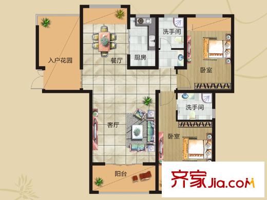 百合佳苑户型图4#楼1B户型 2室2厅2卫1厨