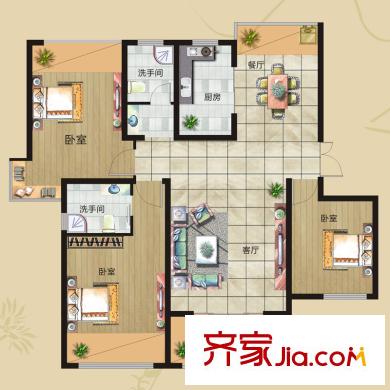 百合佳苑户型图4#楼1A户型 3室2厅2卫1厨