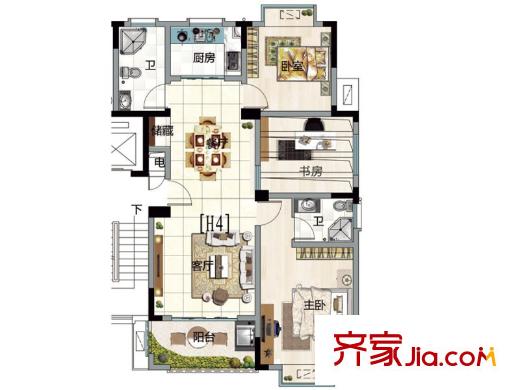 水榭山一期H4戶型圖 2室2廳2衛(wèi)1廚