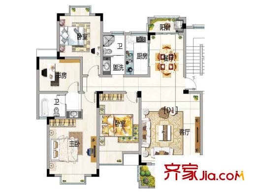 水榭山一期D戶型圖 4室2廳2衛(wèi)1廚