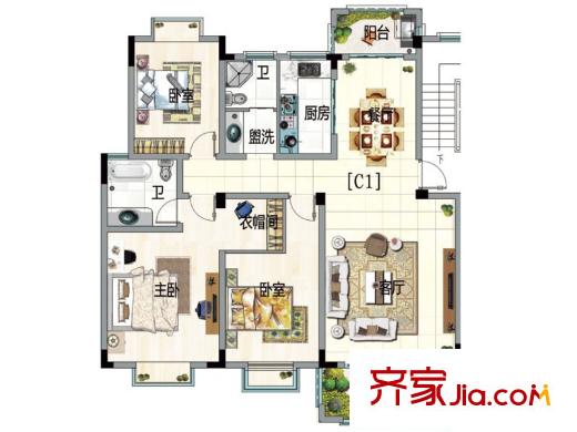 水榭山一期C戶型圖 3室2廳2衛(wèi)1廚