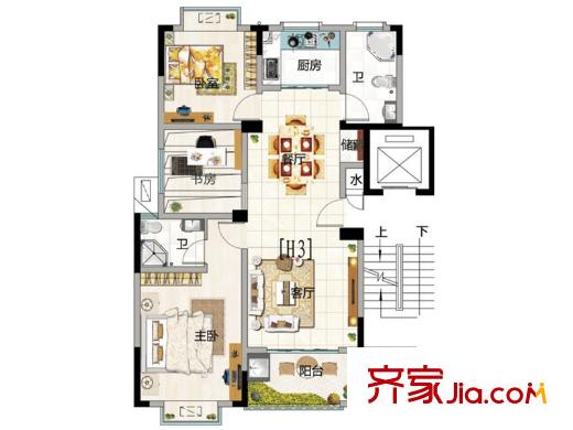 水榭山一期H3戶型圖 2室2廳2衛(wèi)1廚