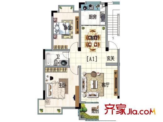 水榭山一期A戶型圖 2室2廳1衛(wèi)1廚