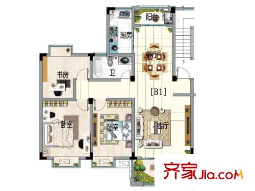 水榭山一期B戶型圖 3室2廳1衛(wèi)1廚