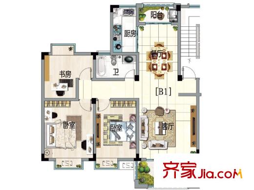 水榭山一期B戶型圖 3室2廳1衛(wèi)1廚