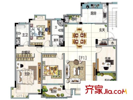 水榭山一期F戶型圖 4室2廳2衛(wèi)1廚
