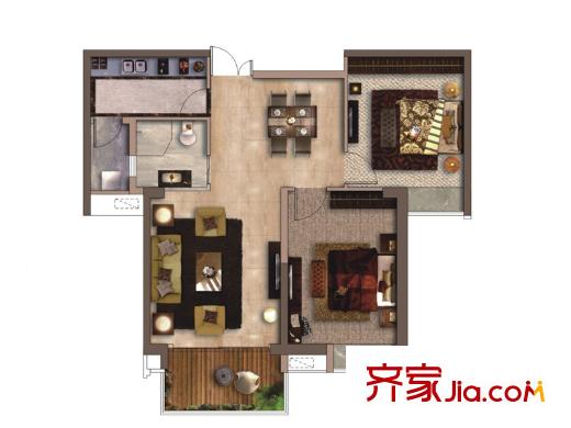 南昌銅鑼灣廣場一期3號樓B戶型圖 2室2廳1衛(wèi)1廚
