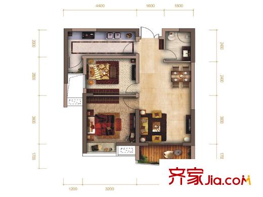 南昌銅鑼灣廣場一期4號樓B戶型 2室2廳1衛(wèi)1廚