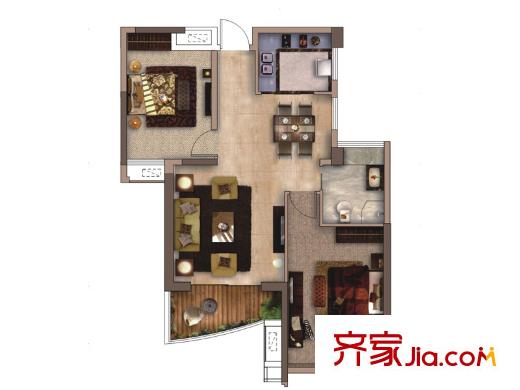南昌銅鑼灣廣場一期1#樓B戶型圖 2室2廳1衛(wèi)1廚