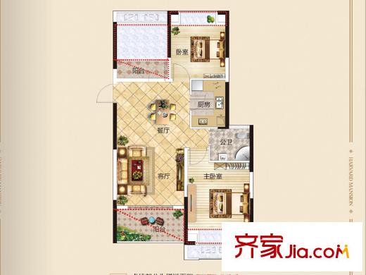 聚仁哈佛公馆9#楼高层A2户型 3室2厅1卫1厨