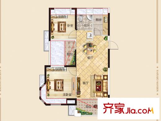 聚仁哈佛公馆9#楼高层A1户型 3室2厅1卫1厨