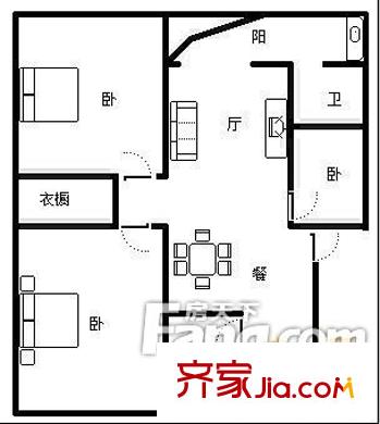 船山路船山广场 三居室户型图