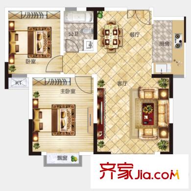 聚仁哈佛公馆2#楼高层A3户型 2室2厅1卫1厨