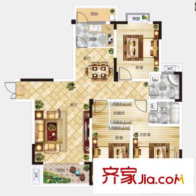 聚仁哈佛公馆2#楼高层A2户型 3室2厅2卫1厨