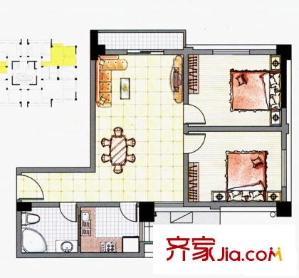 精英汇户型图二居室户型 2室2厅1卫1厨