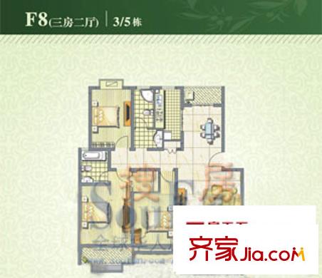 都市晴园户型图F8户型 3室2厅1卫1厨