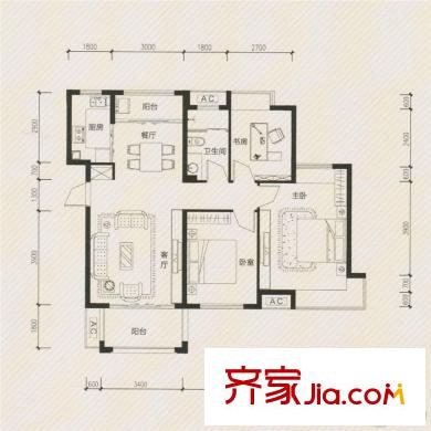 國貿(mào)春天C1端戶戶型 3室2廳1衛(wèi)1廚