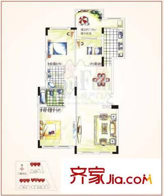 毕加索花园户型图A4户型 3室2厅2卫1厨