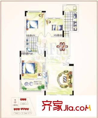 毕加索花园户型图A5户型 3室2厅1卫1厨