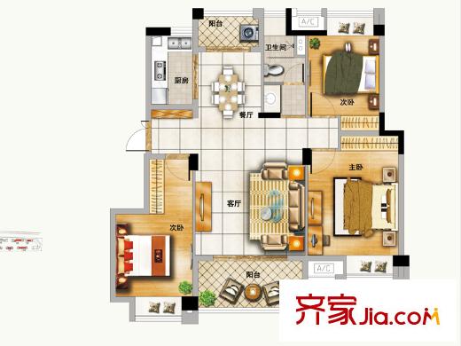 力高瀾湖郡一期小高層B2戶型 3室2廳1衛(wèi)1廚