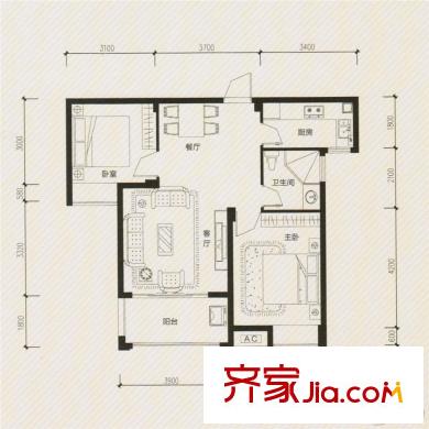 國貿(mào)春天C2中間戶戶型 2室2廳1衛(wèi)1廚