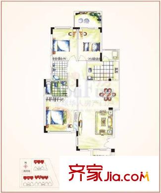 毕加索花园户型图A2户型 3室2厅1卫1厨