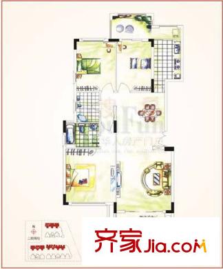 毕加索花园户型图A3户型 3室2厅2卫1厨