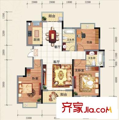 奧克斯博客城戶型圖（已售完）三房C戶型 3室2廳2衛(wèi)1廚