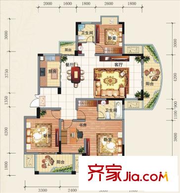 奧克斯博客城戶型圖（已售完）三房D戶型 3室2廳2衛(wèi)1廚