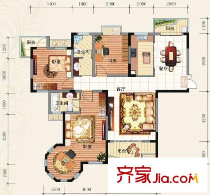 奧克斯博客城戶型圖（已售完）三房E戶型 3室2廳2衛(wèi)1廚
