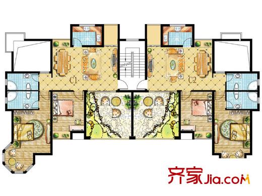 闽顺中央首府洋房C1、C2户型 2室2厅2卫1厨