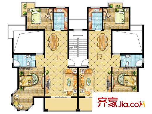 闽顺中央首府洋房H1、H2户型 2室2厅1卫1厨