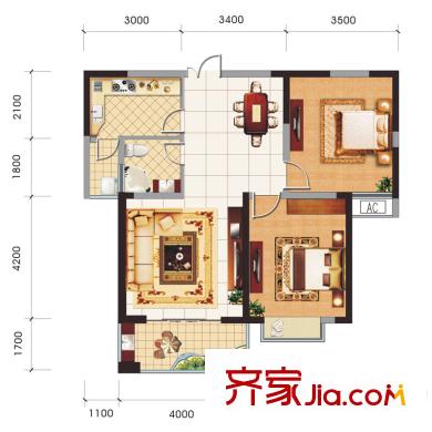 奧克斯博客城戶型圖二期“藍鉆”31#、32#樓H2戶型 2室2廳1衛(wèi)1廚